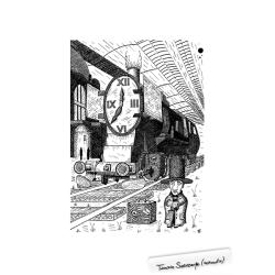 pociąg,cylinder,dworzec,czekanie,dla niego - Ilustracje, rysunki, fotografia - Wyposażenie wnętrz