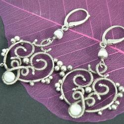 wire-wrapping,srebro,oksydowane,kamień księżycowy, - Kolczyki - Biżuteria
