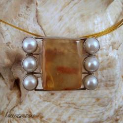 srebrny naszyjnik z bursztynem i perłami - Naszyjniki - Biżuteria