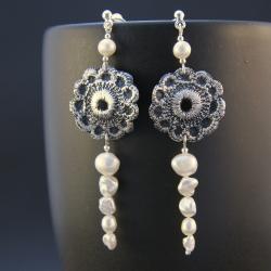 koronkowe kolczyki,srebrne,ekskluzywne,perły - Kolczyki - Biżuteria