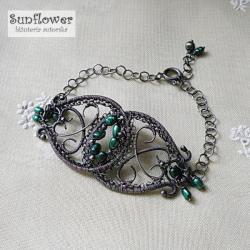bransoletka,wire-wrapping,zielona,oksydowana - Bransoletki - Biżuteria