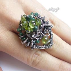 srebro,pierścień,duży,zielony,misterny - Pierścionki - Biżuteria