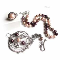 komplet,purpurowy,różowy,perły,pierścień - Komplety - Biżuteria