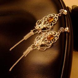srebro,bursztyn,kandelebr,długie,wire-wrapping - Kolczyki - Biżuteria