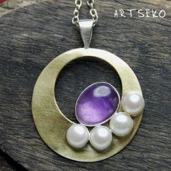 ametyst,srebro,perły słodkowodne - Wisiory - Biżuteria