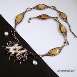 patynowany rodowy naszyjnik z perłami bursztynami - Naszyjniki - Biżuteria
