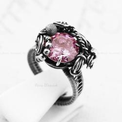 srebrny pierścień,wire-wrapping,cubic zircon,róż - Pierścionki - Biżuteria