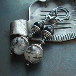 srebro,oksydowany,kwarc z turmalinem,onyks - Kolczyki - Biżuteria