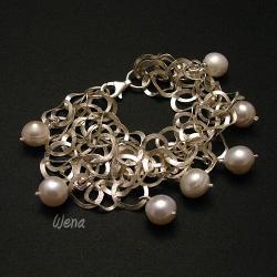 bransoletka,perły,biała,srebro,delikatna - Bransoletki - Biżuteria