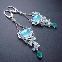 srebro,wire-wrapped,niebieskie,wiszące,elfie, - Kolczyki - Biżuteria