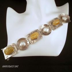 srebrna bransoleta z bursztynami i perłami - Bransoletki - Biżuteria
