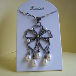 naszyjnik,srebro,perły,kształt kwiatu - Naszyjniki - Biżuteria
