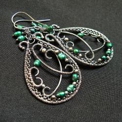 kolczyki,srebro,wire-wrapping,zielone,oksydowane - Kolczyki - Biżuteria