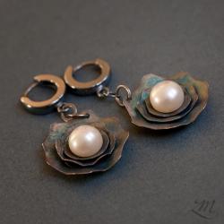 srebro oksydowane,morski kolor,perła - Kolczyki - Biżuteria