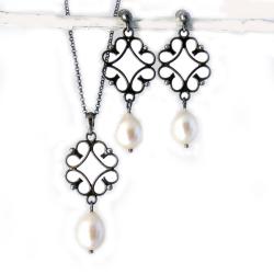 Retro,srebrne,z perłami,rękodzieło - Komplety - Biżuteria