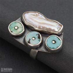 srebrny pierścionek z perłą i turkusami - Pierścionki - Biżuteria