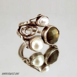 srebrny pierścionek z perłami i labradorytem - Pierścionki - Biżuteria